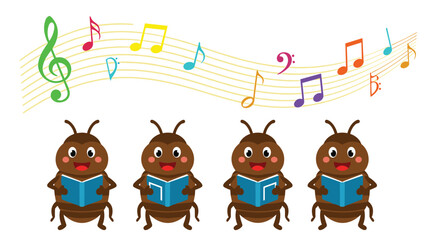 Fototapeta premium Four brown beetle characters sing together from songbooks under a colorful wave of musical notes and a green treble clef.