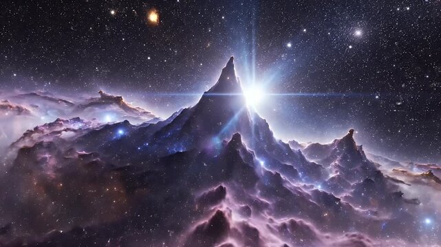 Majestic celestial peaks pierce luminous cosmic clouds against a star-dusted void