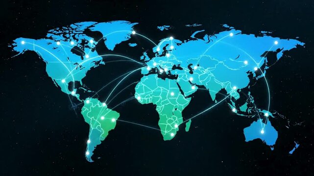 Global Connection Intro, Animated world map, and connecting dots highlight global networking and communication