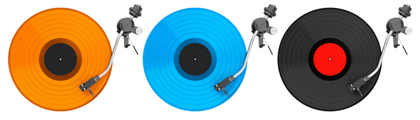 Set of colorful vinyl record players with black tonearms and vinyl records, isolated on white background, concept of music © boule1301