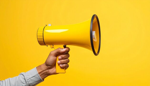 Hand holding a yellow megaphone against a vibrant yellow background, announcing something important.