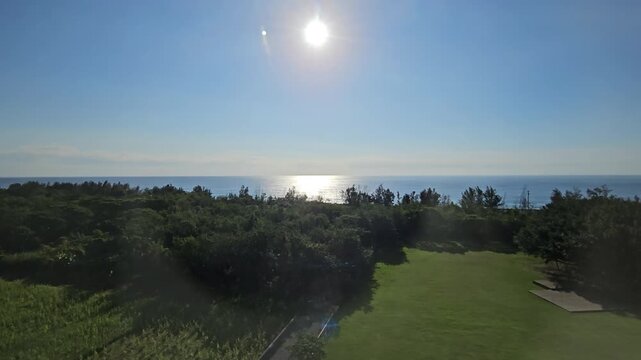 Golden sunrise over coastal park grassland and windbreak forest in Hualien, warm morning light illuminating Pacific shoreline with tranquil greenery and peaceful seaside landscape in Taiwan