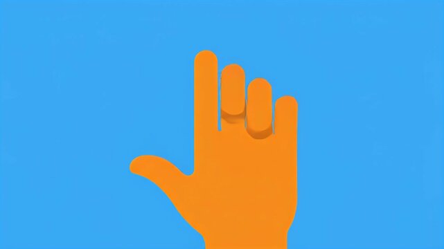 A minimalist graphic of an orange hand with two fingers pointing upwards on a blue background