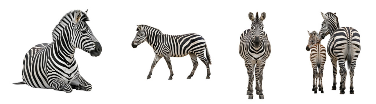 Set of zebras in different poses and sizes on transparent background