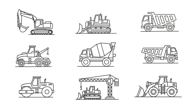Construction Vehicles Line Art Icons Set: Heavy Machinery, Industrial Transport, Bulldozers, Excavators, Dump Trucks, Cement Mixers, Cranes, Rollers.