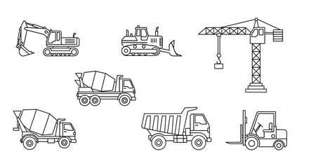 Obraz premium Construction Vehicles & Heavy Machinery Line Art Icons. Excavator, Bulldozer, Crane, Cement Mixer, Dump Truck, Forklift Outline Vector Set.