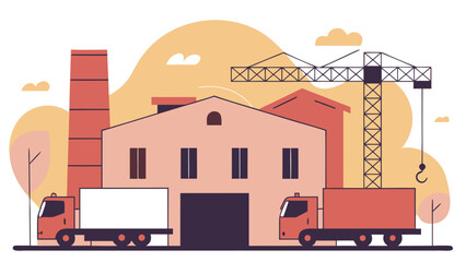 Industrial factory building with a tall chimney and construction crane, with two delivery trucks parked for manufacturing.