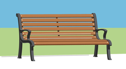 A wooden bench with black metal frame stands alone in a serene outdoor setting with a blue and green background viewed from the front © Avra