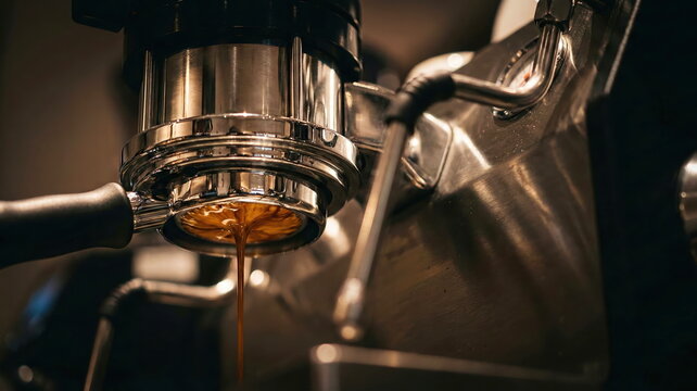 Close-up of rich espresso coffee being extracted from a professional stainless steel machine, highlighting the brewing process and warm colors.