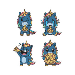 Fototapeta premium Cartoon unicorns with pizza, laughing and having fun in a playful illustration style
