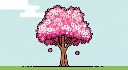 A vibrant pink tree stands alone in a lush green field under a light blue sky with a few falling petals, vector illustration. © Avra