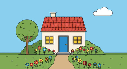 Fototapeta premium A small white house with a red roof and blue door surrounded by colorful flowers and a green tree in a serene landscape