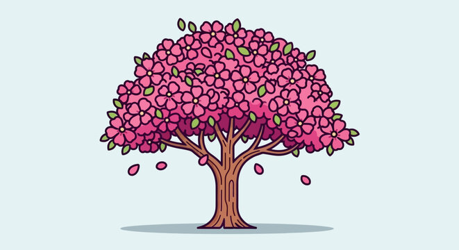 Vibrant pink blossoms falling from a lush tree, viewed from the side in a serene environment
