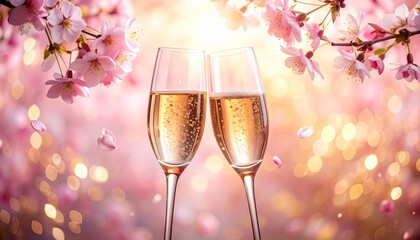 満開の桜に包まれて乾杯するシャンパングラス、春の祝福と優雅なひととき