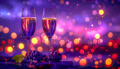 深い紫の夜に溶け込むシャンパングラスとブドウの幻想的なスチルライフ背景