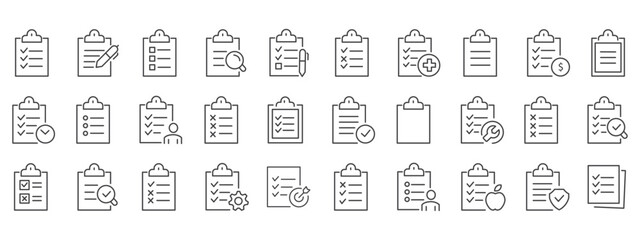 Clipboard Editable Line Icons Set. Clipboard  checklist  report  survey or agreement editable stroke outline icons. Document icon vector. File icon illustration. Checklist clipboard icon. Simple check © Daishin