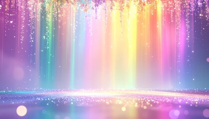 パステルカラーの光の柱と輝くパーティクルが舞う祝福の抽象デザイン