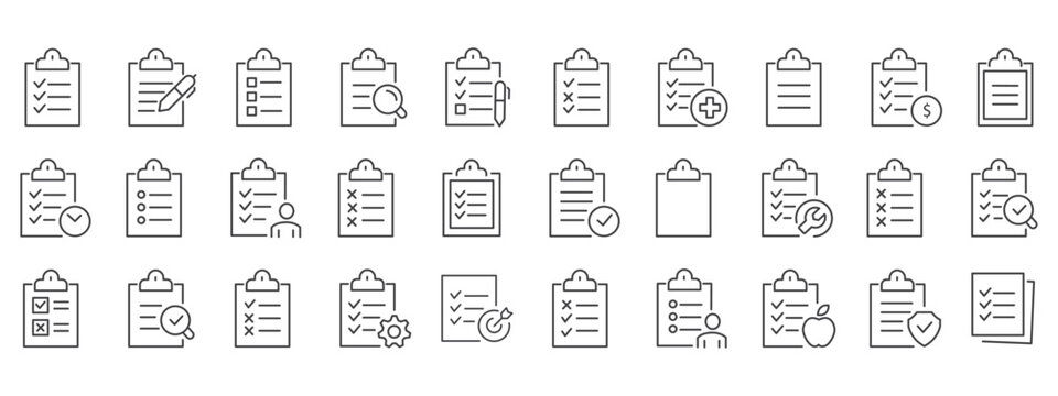 Clipboard Editable Line Icons Set. Clipboard  checklist  report  survey or agreement editable stroke outline icons. Document icon vector. File icon illustration. Checklist clipboard icon. Simple check