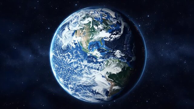 A vibrant, detailed view of planet Earth from space, surrounded by a vast, star-filled night sky