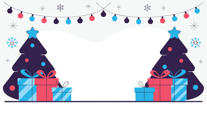 Two dark Christmas trees and wrapped gifts decorate a festive banner border with hanging lights and snowflakes.