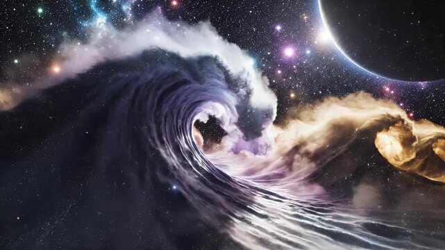 Cosmic wave surges through a star-filled expanse, a planet looms nearby