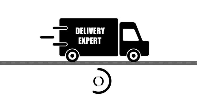 Truck icon with DELIVERY EXPERT text animation.Pickup truck,delivery truck and courier service icon online shopping logistics concept animation on white background.