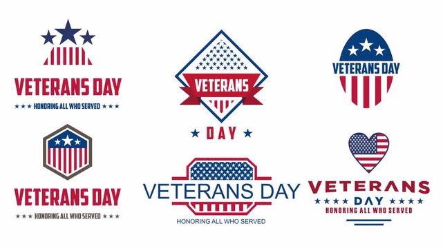 Veterans Day animated set with an American flag and typography with a transparent background (Alpha). American flag, honoring all who have served on November 11th