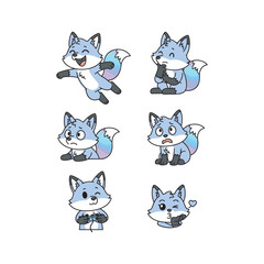 Obraz premium Cartoon blue fox characters showing various emotions and actions in a playful style