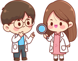 Cute little scientists boy and girl wearing white coats with magnifying glass for education science laboratory and discovery research concept vector illustration