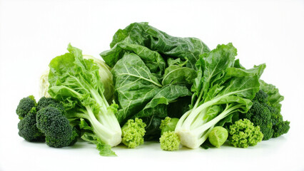 Assortment of fresh green vegetables including broccoli, cabbage, and leafy greens on white background