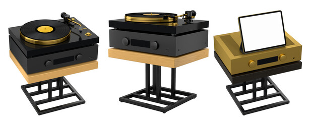 Contemporary audio setup with record player, amplifier and tablet on wooden stands on white background, concept of music tech © boule1301