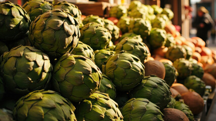 Obraz premium Fresh green artichokes piled high at an outdoor market stall under warm sunlight