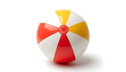 Obraz premium A colorful beach ball with red, white, and yellow stripes sits on a plain white background.