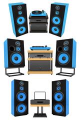 Audio system with vinyl record player and large loudspeakers isolated on white background. Concept of home entertainment setup