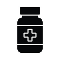 Fototapeta premium Black medicine bottle icon with medical cross symbol on white background