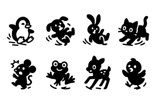 Cute Animal Slips Icons. Cute animated slips. Filled icon set of Cute animated slips: slipping penguin,