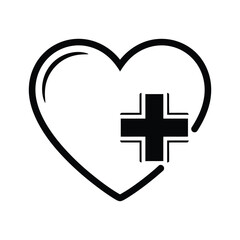 Fototapeta premium Heart with medical cross icon, simple black and white illustration