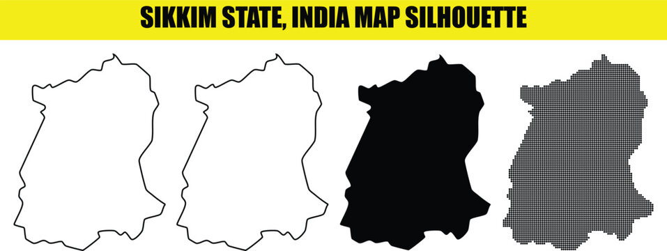 Sikkim state india map silhouette collection featuring a solid white fill, thin outline, solid black fill, and dotted texture