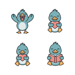Obraz premium Cartoon blue bird character set with different emotions and activities on white background
