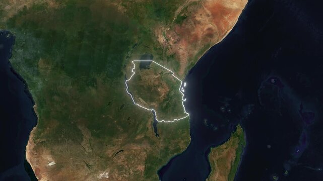World Map to Country Zoom Animation with Glowing Border Outline Tanzania