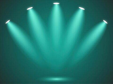 Five bright turquoise spotlights shining down on a dark teal stage or background, creating a dramatic lighting effect