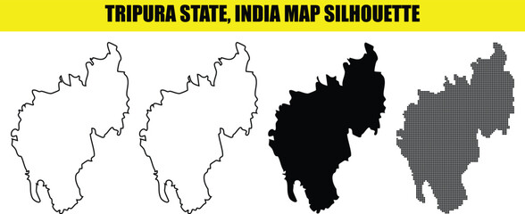Obraz premium Tripura state india map silhouette collection featuring a solid white fill, thin outline, solid black fill, and dotted texture