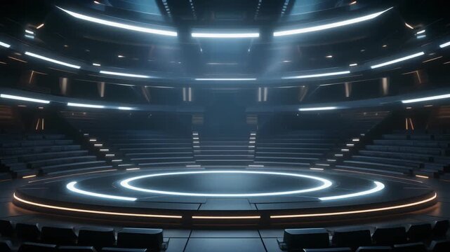Futuristic Arena Stageing with Glowing Rings in Dimly Lit Studio