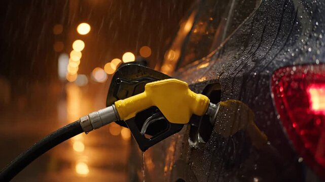 Filling car with fuel at night in the rain.