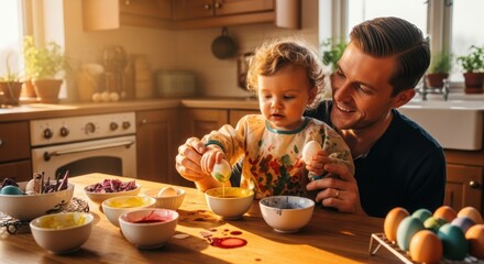 Family Egg Painting Together: A heartwarming moment as a parent and child engage in the delightful tradition of decorating eggs together, creating colorful masterpieces in a sunlit kitchen. 