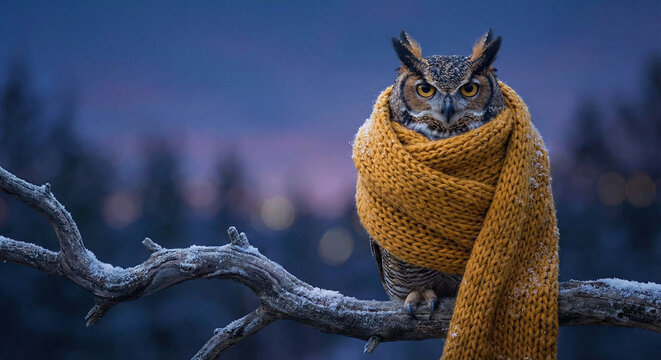 Majestic great horned owl wearing a warm yellow scarf in winter