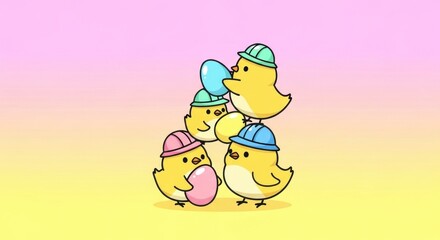 Naklejka premium The Chick Construction Team: A cheerful group of adorable chicks, each donning a tiny construction hat, work together to balance colorful eggs, evoking a sense of teamwork and springtime delight.