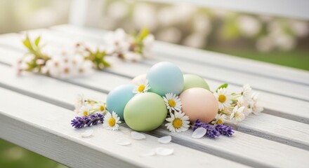Obraz premium Easter Egg Springtime Still Life: A delightful Easter still life, presenting pastel-colored eggs nestled among fresh flowers and delicate greenery, evoking a sense of renewal and celebration.