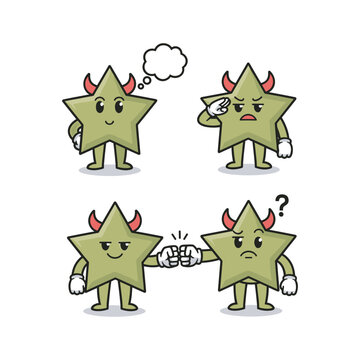Cartoon stars with devil horns shaking hands in a confusing business deal with thought bubbles
