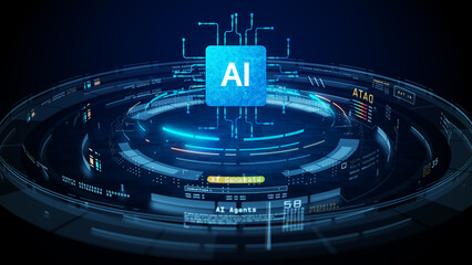 Futuristic AI processor chip with digital interface and data network connections. High-tech background for artificial intelligence, machine learning, automation, and innovation concepts. 3d rendering